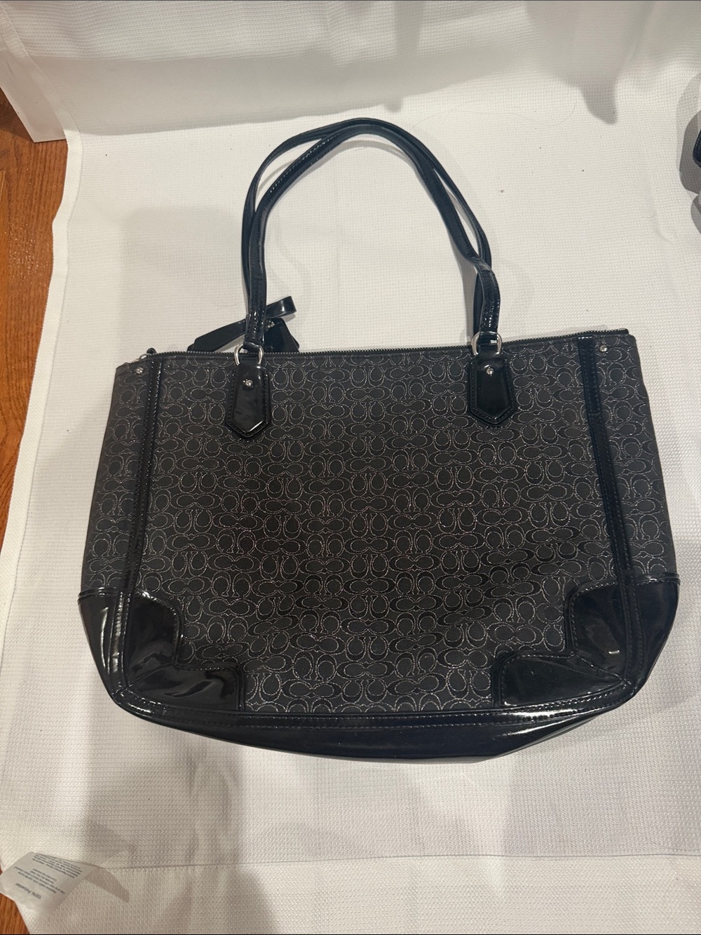 Coach Black Patterned Shoulder Tote Bag with Patent Trim